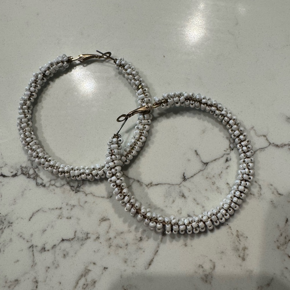White Beaded Hoop Earrings